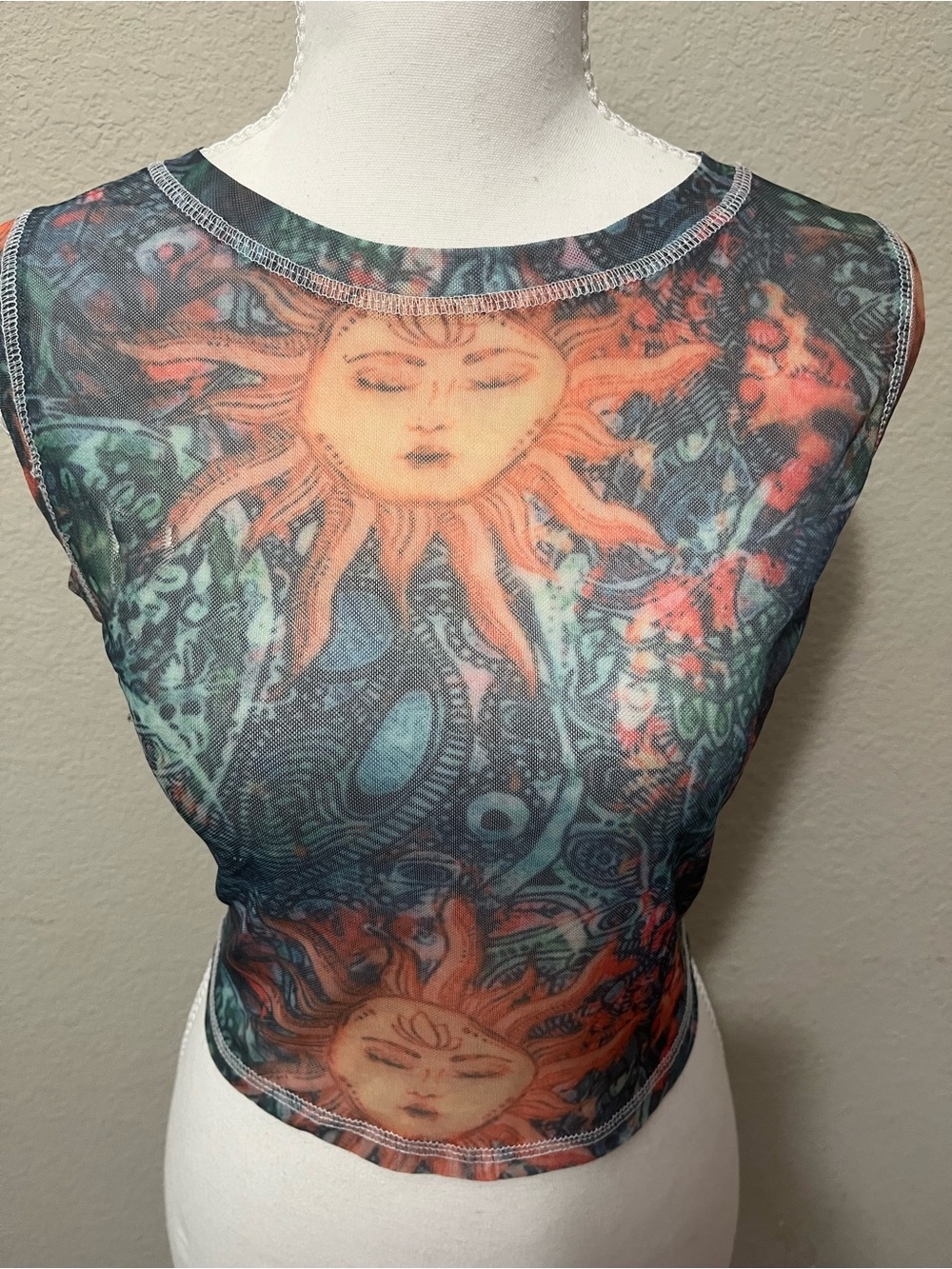 Source Unknown Sheer Sun Motif Mesh Crop Top - Orange/Teal